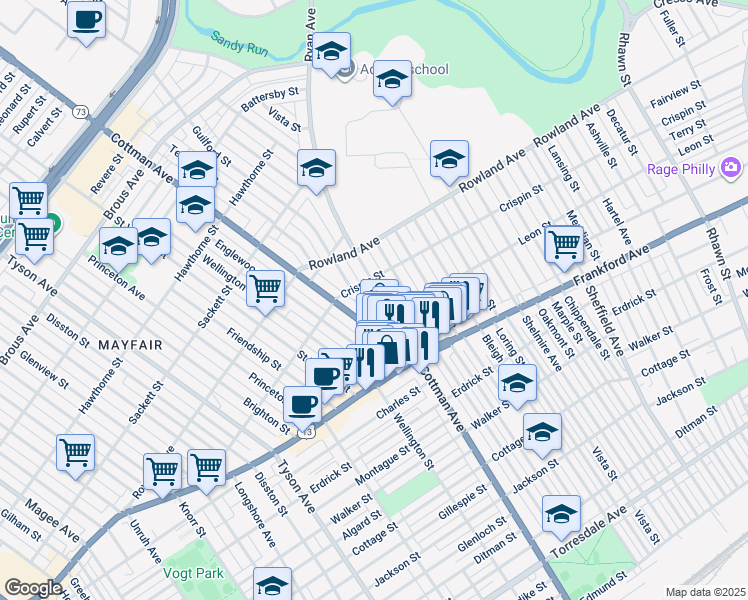 map of restaurants, bars, coffee shops, grocery stores, and more near 3424 Ryan Avenue in Philadelphia