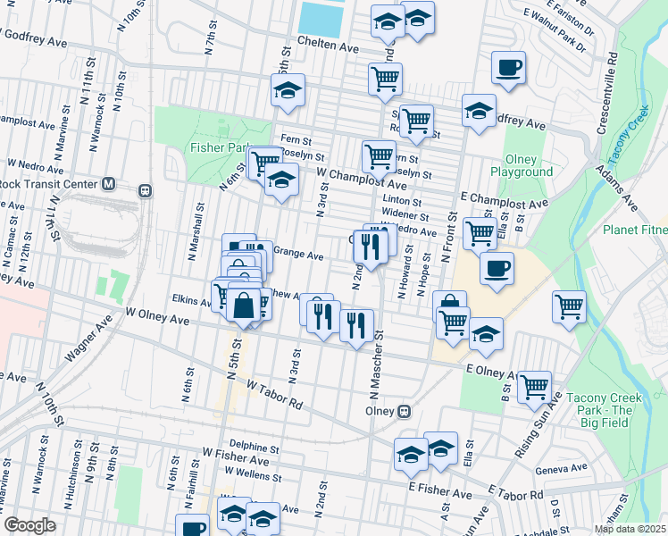 map of restaurants, bars, coffee shops, grocery stores, and more near 241 Furley Street in Philadelphia
