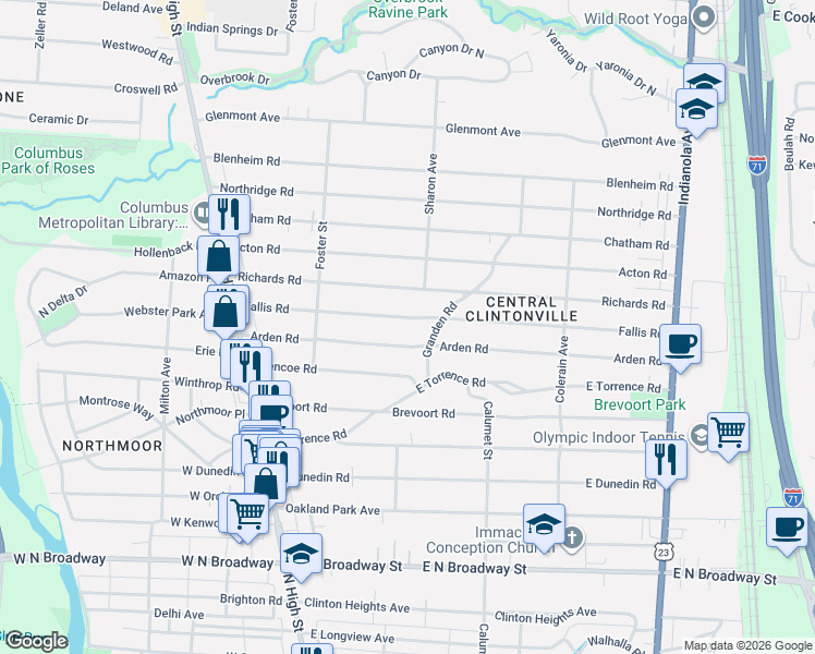 map of restaurants, bars, coffee shops, grocery stores, and more near 211 Arden Road in Columbus