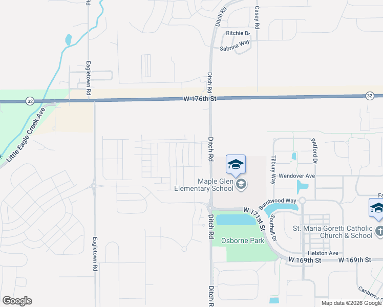 map of restaurants, bars, coffee shops, grocery stores, and more near 7550 South R 32 West in Westfield