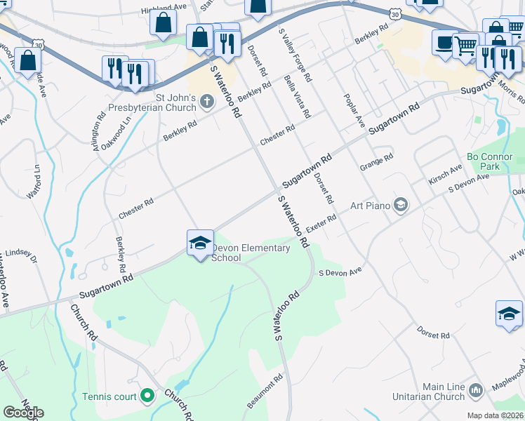 map of restaurants, bars, coffee shops, grocery stores, and more near 222 Sugartown Road in Devon
