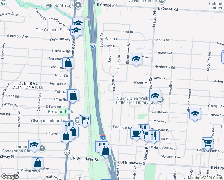 map of restaurants, bars, coffee shops, grocery stores, and more near 3577 Beulah Road in Columbus