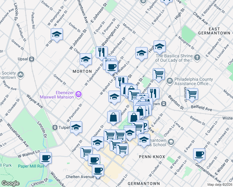 map of restaurants, bars, coffee shops, grocery stores, and more near 21 West Harvey Street in Philadelphia