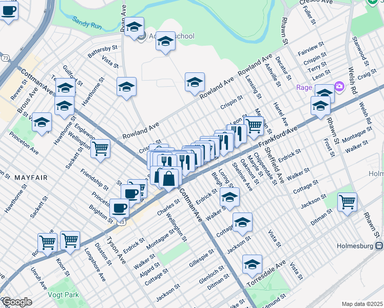 map of restaurants, bars, coffee shops, grocery stores, and more near 3513 Tudor Street in Philadelphia