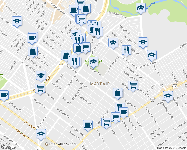 map of restaurants, bars, coffee shops, grocery stores, and more near 3009 Brighton Street in Philadelphia