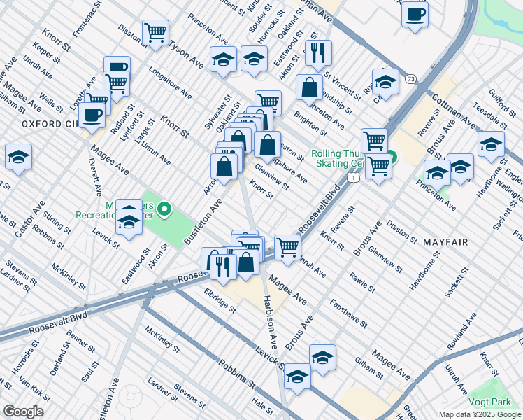 map of restaurants, bars, coffee shops, grocery stores, and more near 6724 Leonard Street in Philadelphia