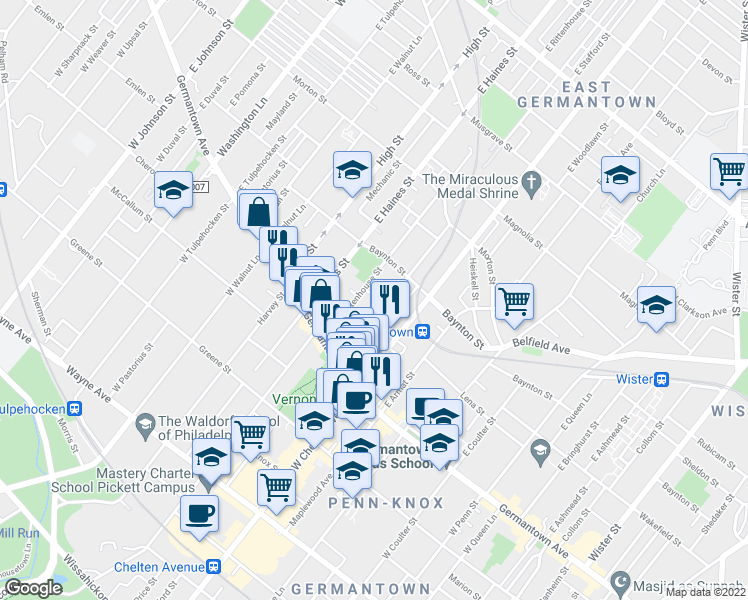 map of restaurants, bars, coffee shops, grocery stores, and more near 5814 Wakefield Street in Philadelphia