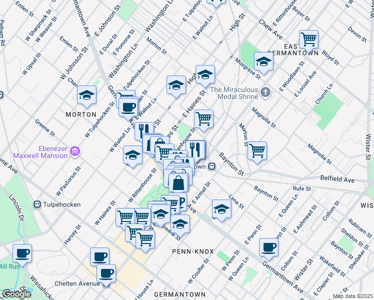 map of restaurants, bars, coffee shops, grocery stores, and more near 5814 Wakefield Street in Philadelphia