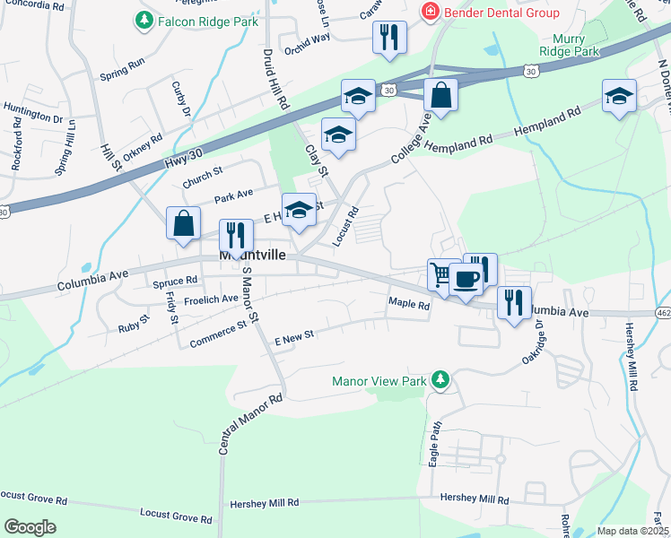 map of restaurants, bars, coffee shops, grocery stores, and more near 148 East Main Street in Mountville