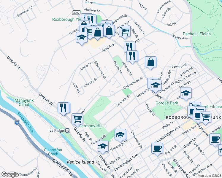 map of restaurants, bars, coffee shops, grocery stores, and more near 302 Ginger Lane in Philadelphia