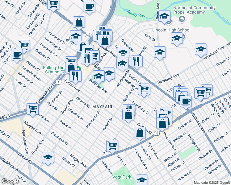 map of restaurants, bars, coffee shops, grocery stores, and more near 3104 Friendship Street in Philadelphia