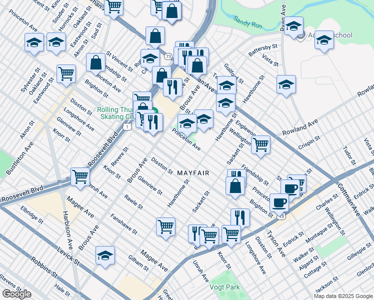 map of restaurants, bars, coffee shops, grocery stores, and more near 3009 Brighton Street in Philadelphia