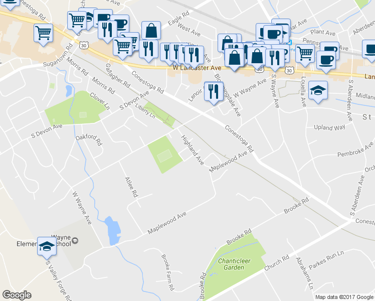 map of restaurants, bars, coffee shops, grocery stores, and more near 401 Fairview Drive in Wayne