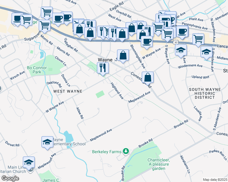 map of restaurants, bars, coffee shops, grocery stores, and more near 401 Fairview Drive in Wayne