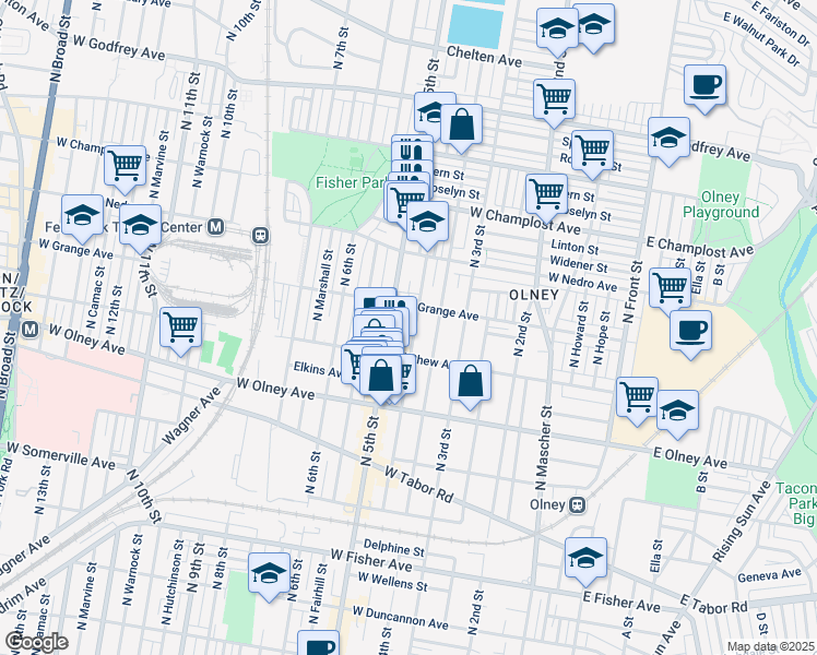 map of restaurants, bars, coffee shops, grocery stores, and more near 5736 North Lawrence Street in Philadelphia
