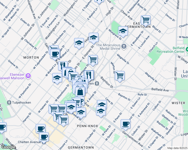 map of restaurants, bars, coffee shops, grocery stores, and more near 174 East Stafford Street in Philadelphia