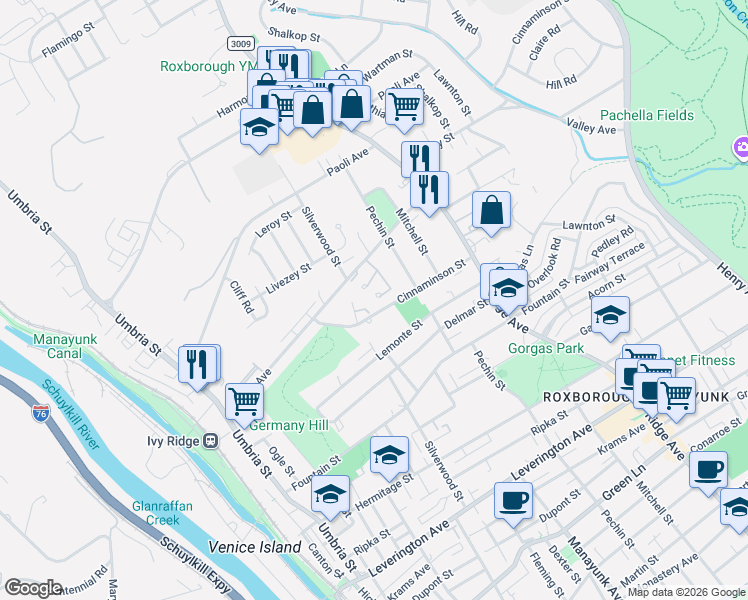 map of restaurants, bars, coffee shops, grocery stores, and more near 6717 Cinnamon Drive in Philadelphia