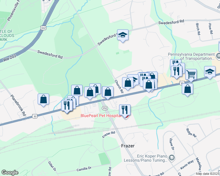 map of restaurants, bars, coffee shops, grocery stores, and more near 26 Addison Lane in Malvern