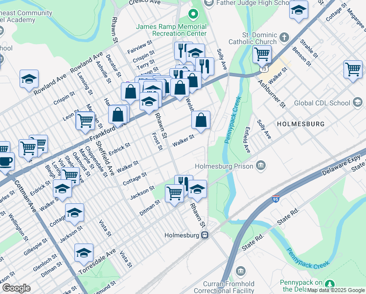 map of restaurants, bars, coffee shops, grocery stores, and more near 8027 Walker Street in Philadelphia