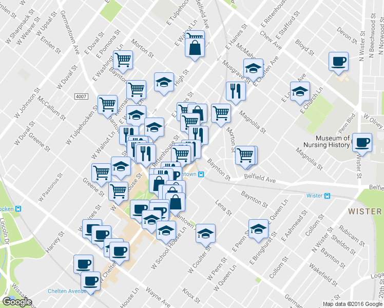 map of restaurants, bars, coffee shops, grocery stores, and more near 174 East Stafford Street in Philadelphia