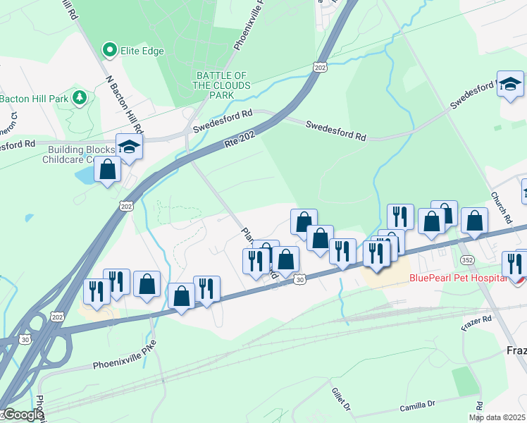 map of restaurants, bars, coffee shops, grocery stores, and more near 159 Planebrook Road in Malvern