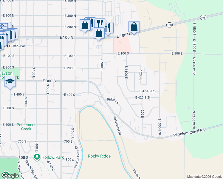 map of restaurants, bars, coffee shops, grocery stores, and more near 373 Sunnyhill Circle in Payson
