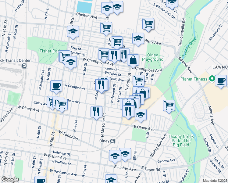 map of restaurants, bars, coffee shops, grocery stores, and more near 151 West Grange Avenue in Philadelphia