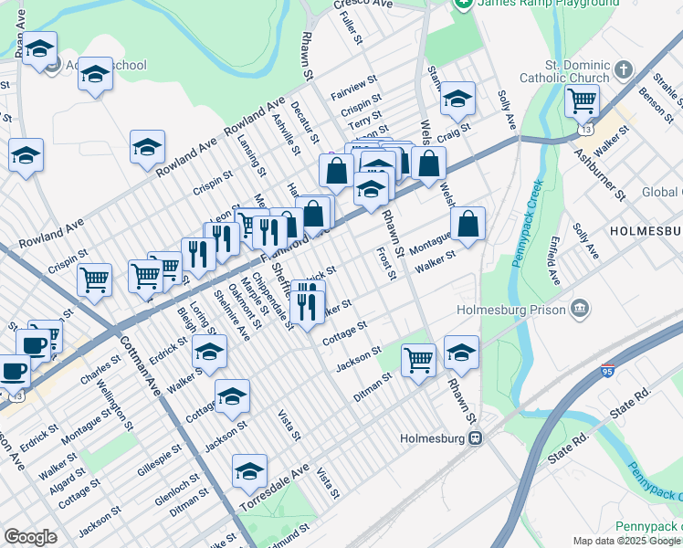 map of restaurants, bars, coffee shops, grocery stores, and more near 4204 Hartel Avenue in Philadelphia