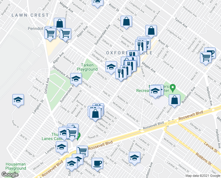 map of restaurants, bars, coffee shops, grocery stores, and more near 1321 Robbins Street in Philadelphia