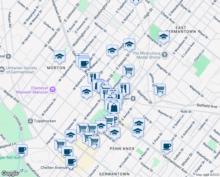 map of restaurants, bars, coffee shops, grocery stores, and more near 101 East Rittenhouse Street in Philadelphia