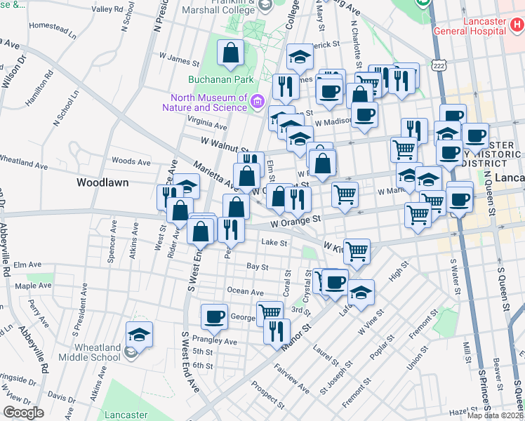 map of restaurants, bars, coffee shops, grocery stores, and more near 662 West Chestnut Street in Lancaster