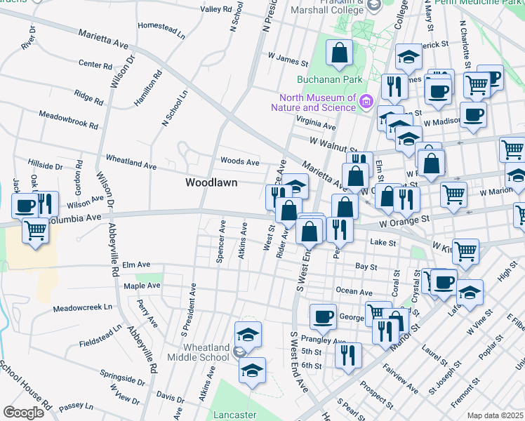 map of restaurants, bars, coffee shops, grocery stores, and more near 1007 Columbia Avenue in Lancaster