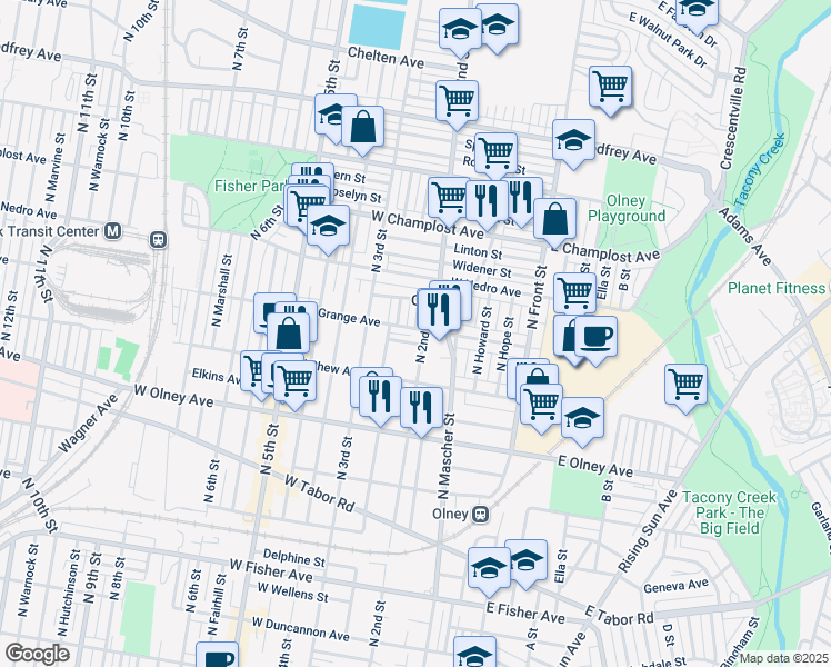map of restaurants, bars, coffee shops, grocery stores, and more near 210 West Grange Avenue in Philadelphia