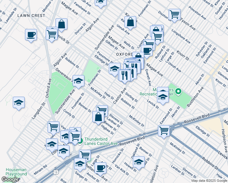 map of restaurants, bars, coffee shops, grocery stores, and more near 1321 Robbins Street in Philadelphia