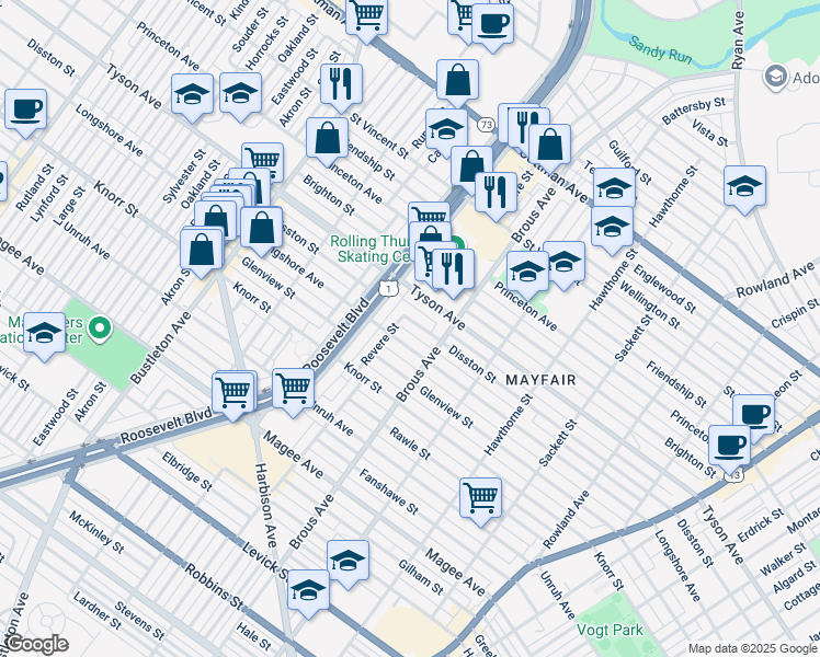 map of restaurants, bars, coffee shops, grocery stores, and more near 2812 Disston Street in Philadelphia