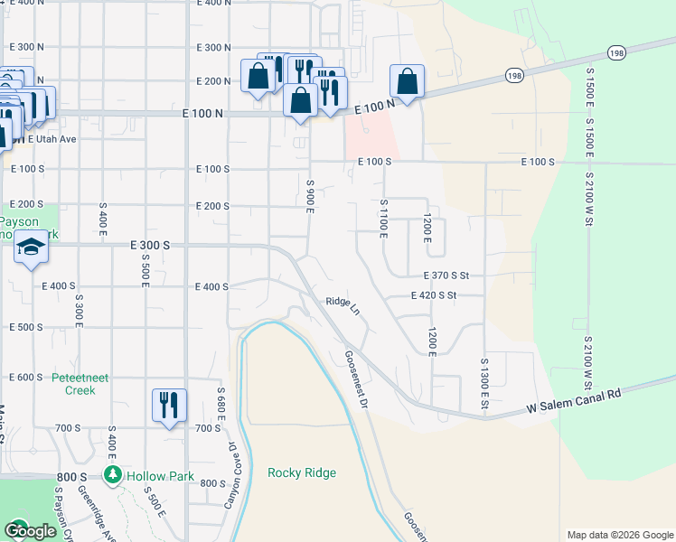 map of restaurants, bars, coffee shops, grocery stores, and more near 373 Sunnyhill Circle in Payson