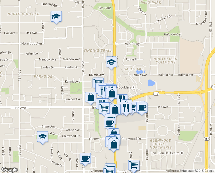 map of restaurants, bars, coffee shops, grocery stores, and more near 3565 28th Street in Boulder