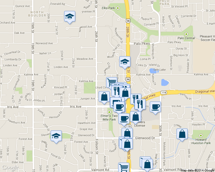 map of restaurants, bars, coffee shops, grocery stores, and more near 3561 Nottingham Court in Boulder