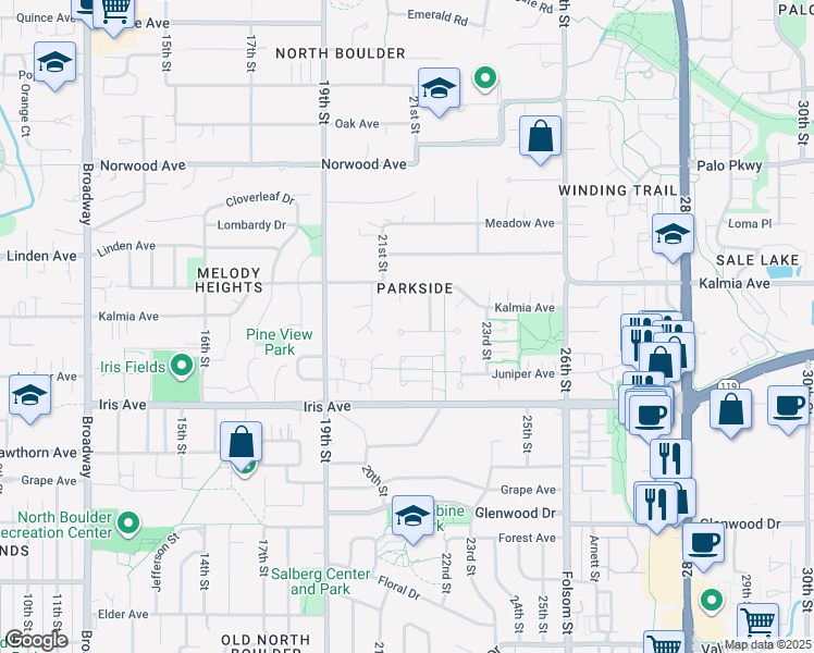 map of restaurants, bars, coffee shops, grocery stores, and more near 2126 Kalmia Circle in Boulder