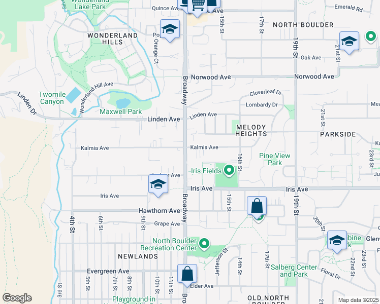 map of restaurants, bars, coffee shops, grocery stores, and more near 3620 Broadway in Boulder