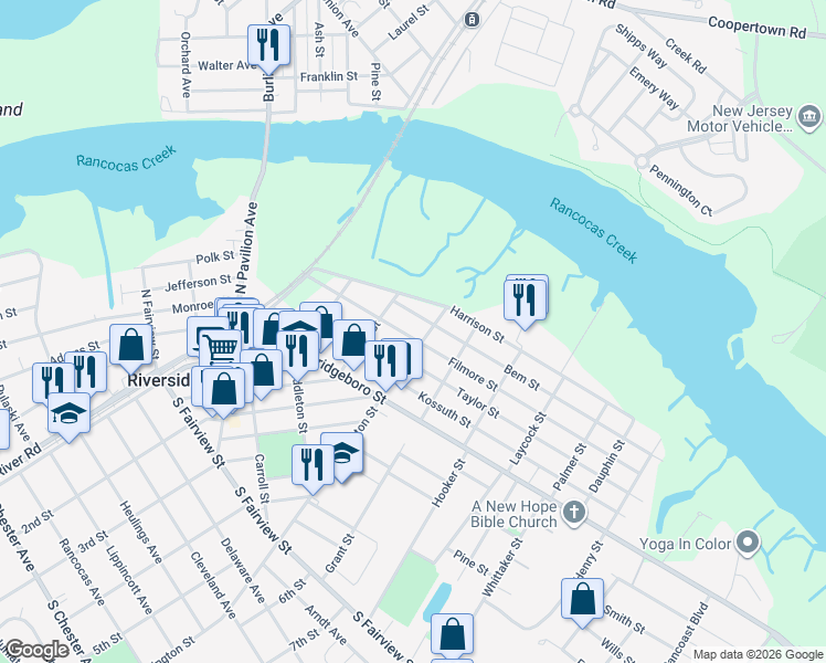 map of restaurants, bars, coffee shops, grocery stores, and more near 324 Harrison Street in Riverside