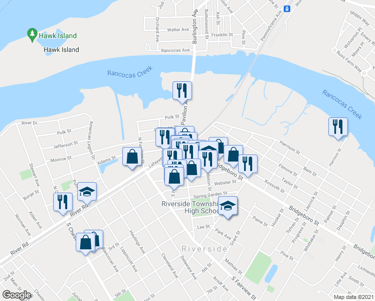 map of restaurants, bars, coffee shops, grocery stores, and more near 110 North Pavilion Avenue in Riverside