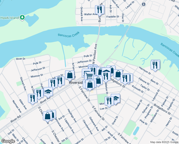 map of restaurants, bars, coffee shops, grocery stores, and more near 110 North Pavilion Avenue in Riverside
