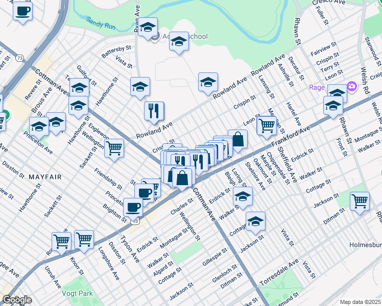 map of restaurants, bars, coffee shops, grocery stores, and more near 3426 Tudor Street in Philadelphia