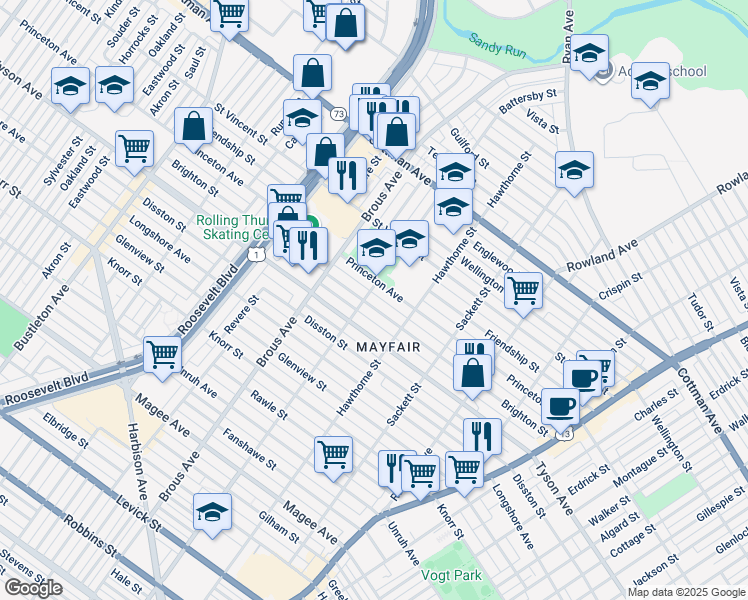 map of restaurants, bars, coffee shops, grocery stores, and more near 3007 Brighton Street in Philadelphia