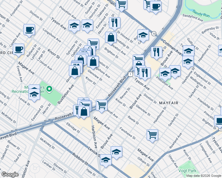 map of restaurants, bars, coffee shops, grocery stores, and more near 2235 Glenview Street in Philadelphia