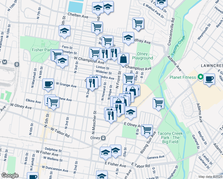 map of restaurants, bars, coffee shops, grocery stores, and more near 5823 North Hope Street in Philadelphia