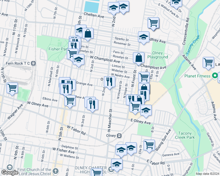 map of restaurants, bars, coffee shops, grocery stores, and more near 5814 North 2nd Street in Philadelphia