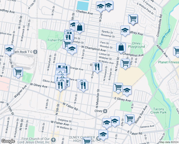 map of restaurants, bars, coffee shops, grocery stores, and more near 218 West Grange Avenue in Philadelphia