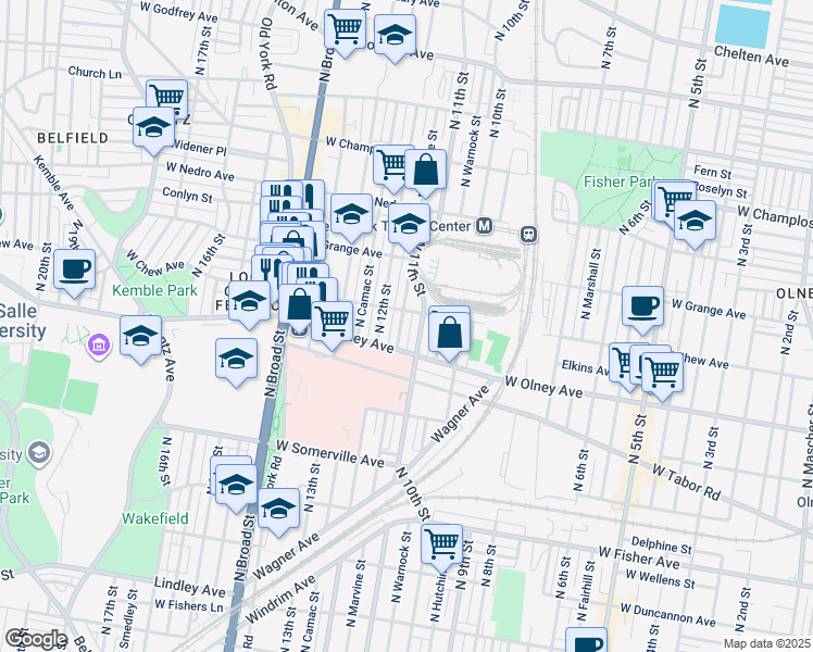map of restaurants, bars, coffee shops, grocery stores, and more near 5631 North Marvine Street in Philadelphia
